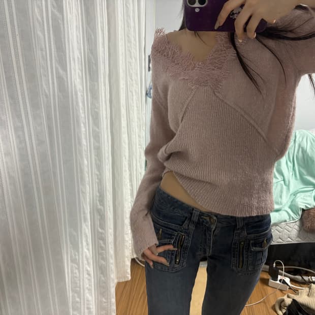 VINTAGE 레이스 브이넥 니트