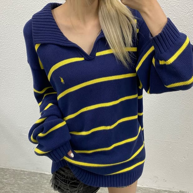 폴로 랄프로렌 옐로우포니 네이비 카라 니트 XXL