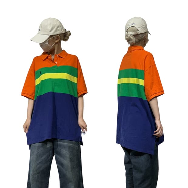 폴로 랄프 로렌 오렌지 그린 네이비 카라 오버핏 반팔티 XXL