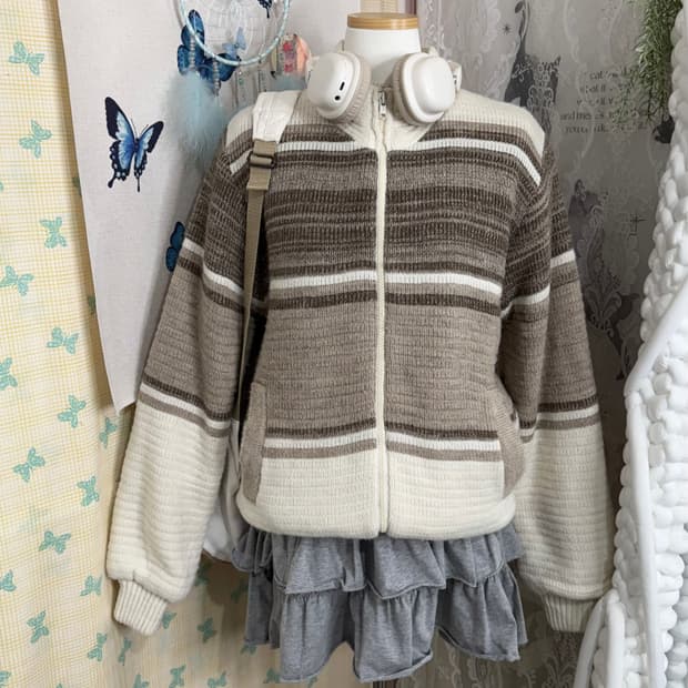 아이보리 & 브라운 뽀글이 니트 집업 자켓