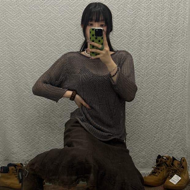 빈티지 캐주얼 시스루 초코브라운 셔링 그물 니트 K0279
