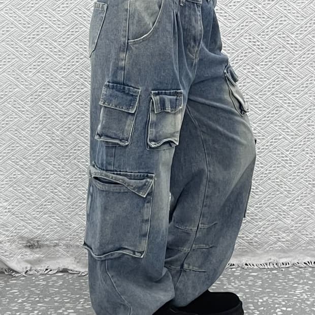 포엠 빈티지 레트로 00's 데님 스트링 조거 카고팬츠 L C10524