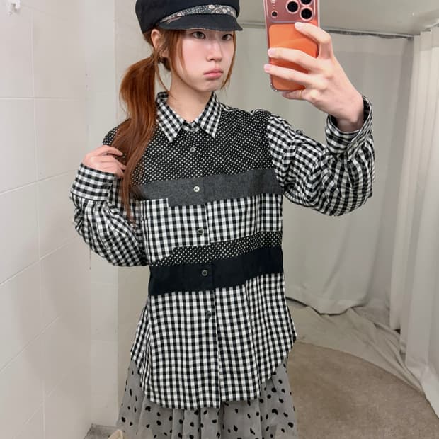 (세트 할인 가능) 꼼데가르송 체크 도트 패치워크 셔츠