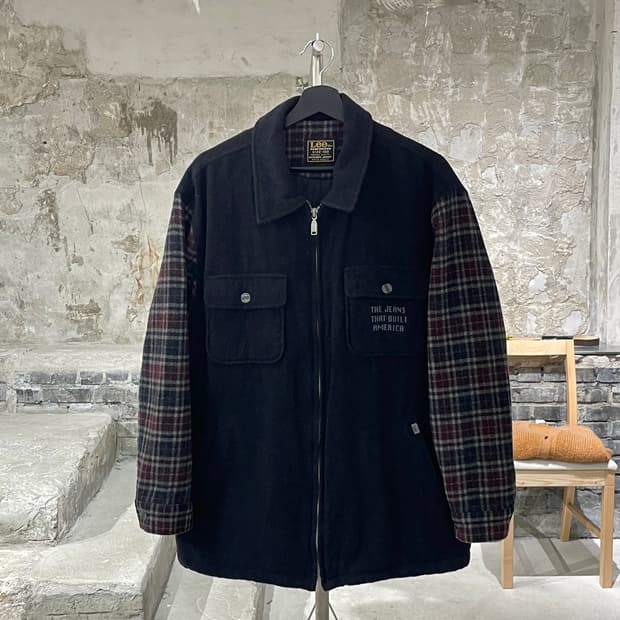 lee 블랙 체크 슬리브 울 집업 자켓