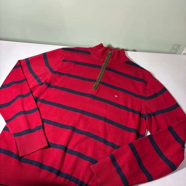 M 타미힐피거 레드 단가라 캐시미어혼방 반집업니트
