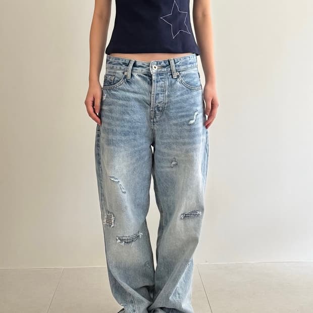 AEAE CHECK PATCHWORK DENIM PANTS [LIGHT 
