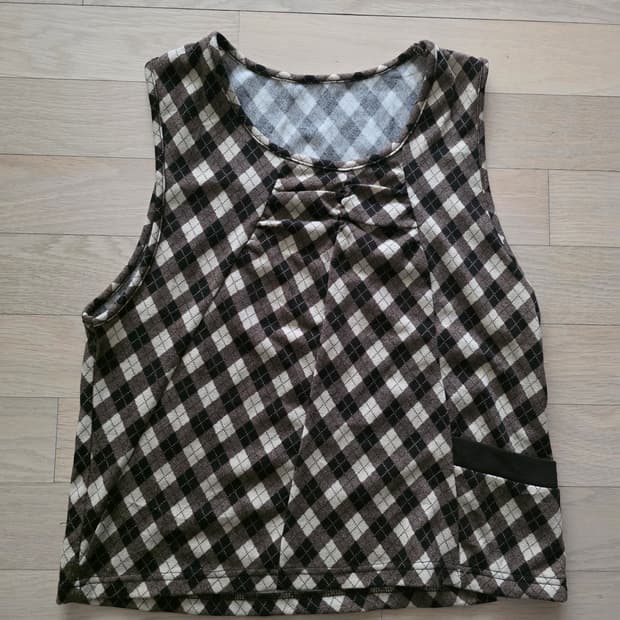 빈티지 갈색 체크 모리 조끼 셔링