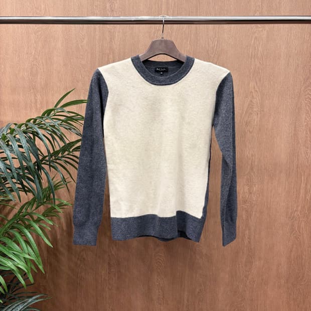 폴스미스 라운드넥 램스울 긴팔 니트 컬러블록 배색 디테일 아이보리 차콜