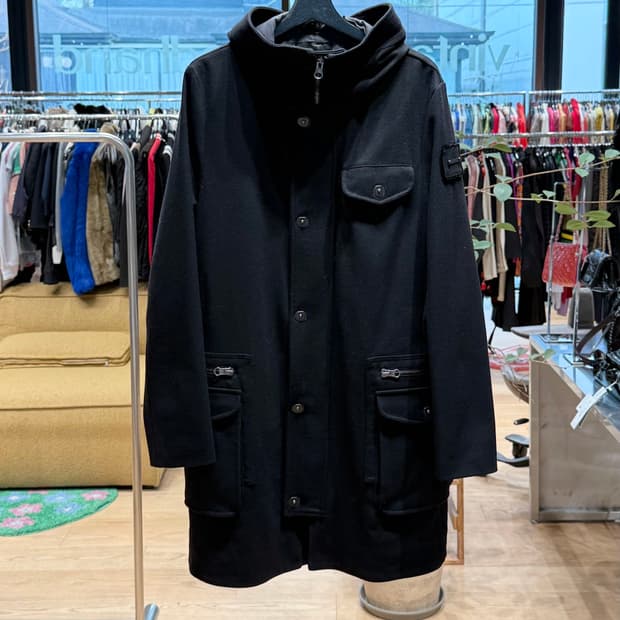 엠포리오 아르마니 블랙 울 집업 후디 롱 코트 