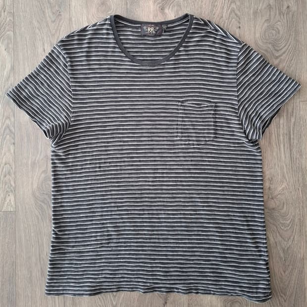 XL RRL 인디고 스트라이프 스티치 포켓 단가라 반팔 티셔츠