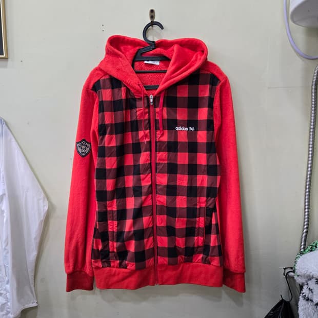 [O] adidas GOLF 체크 플리스 후드 집업 (레드)