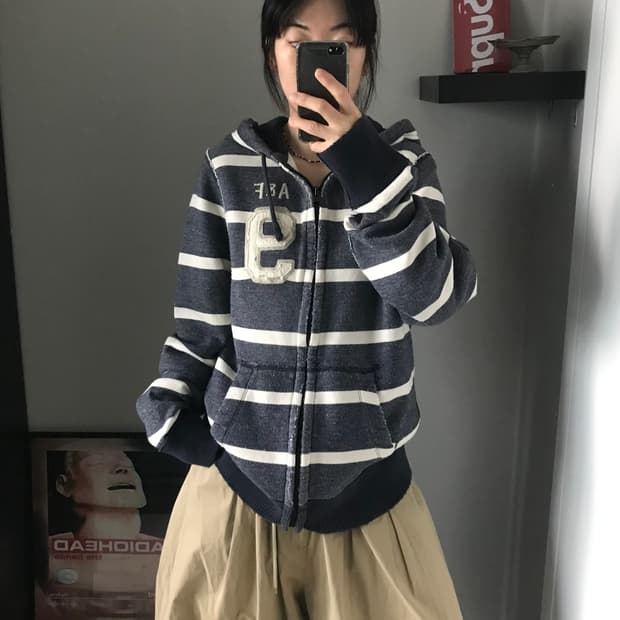 아베크롬비 자수 로고 스트라이프 피그먼트 후드집업