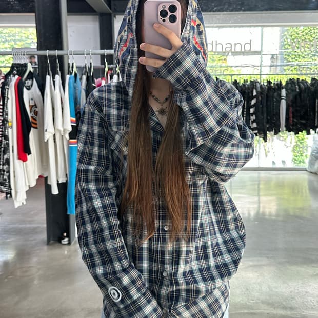 베이프 샤크 체크 후드셔츠 