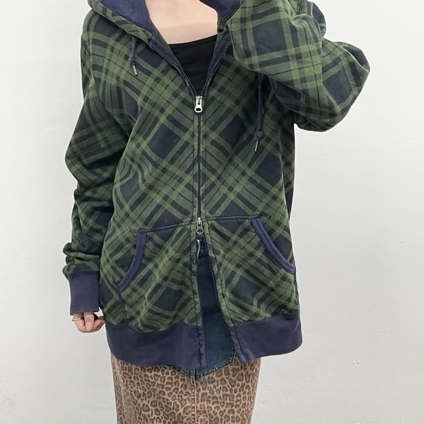 그린 체크 투웨이 후드집업