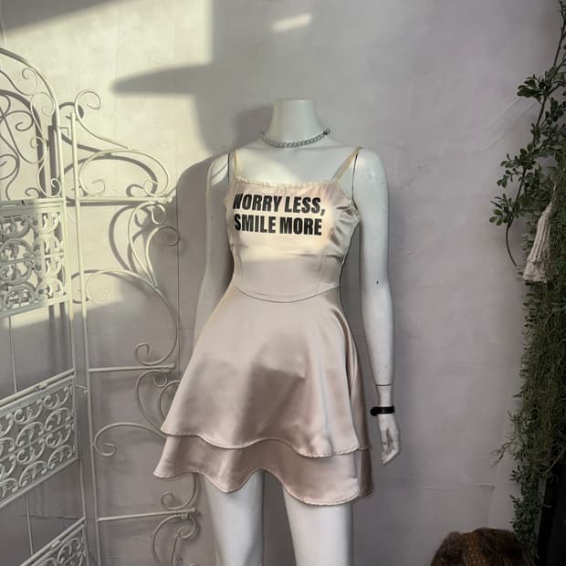 YOUHEE LETTERING SATIN FLARE MINI DRESS 