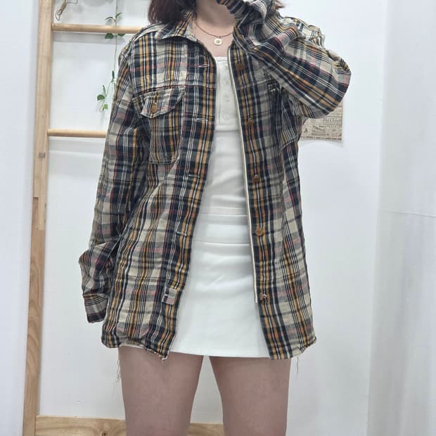 [프립]48/나이젤 카본 메인라인 린넨 100% 체크 지퍼 셔츠 일본