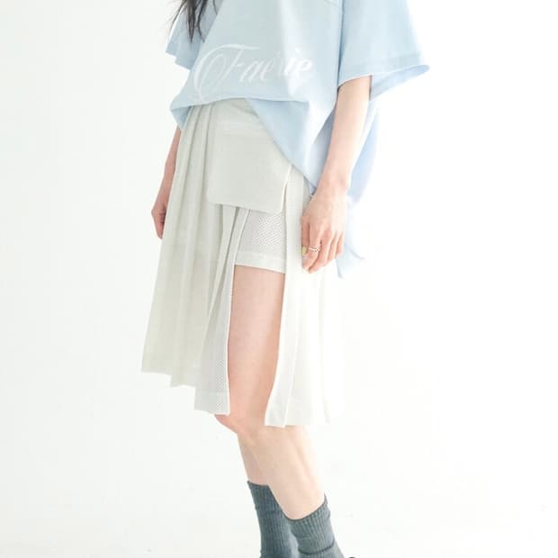 mesh pocket pleats skirt pants (cream)
