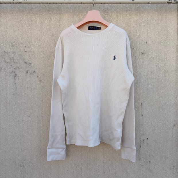 폴로 랄프로렌 화이트 네이비 포니 라운드 와플 롱슬리브