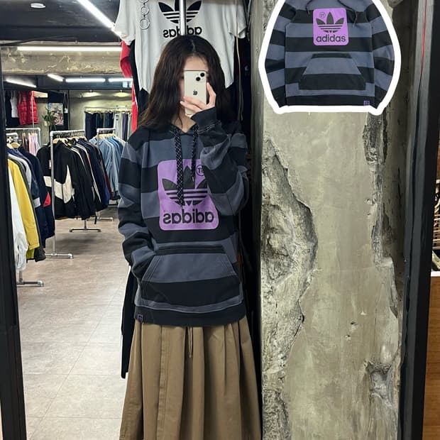 아디다스 스트라이프 기모 후드티 차콜 100 #csz2436 