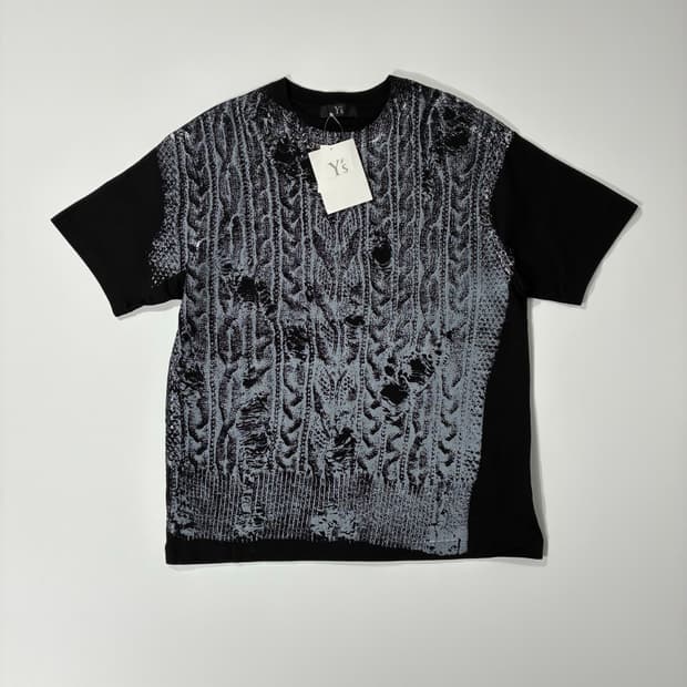 Y'S 와이즈 요지야마모토 케이블 니트 디지털 프린트 티셔츠 블랙