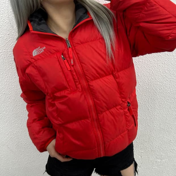 노스페이스 550 체크패턴 리버시블 오렌지 후드패딩 XL