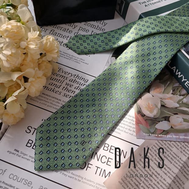 DAKS 닥스 실크 그린 패턴 넥타이 8cm S~A+등급 E815
