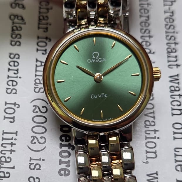 빈티지 오메가 드빌 18K콤비 올리브그린 2줄 콤비 슬림쿼츠 여성용