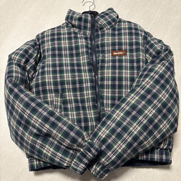 체크 네이비 양면 숏패딩