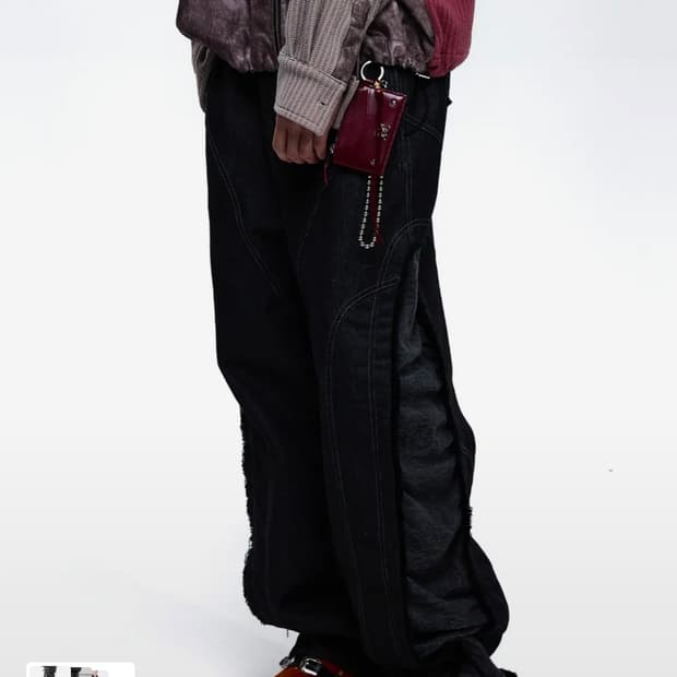 INCISION JACQUARD MIXED PANTS - BLACK