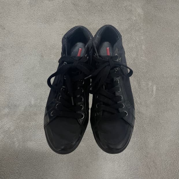 255~260) 프라다 로고 레더 나일론 스니커즈 신발 블랙