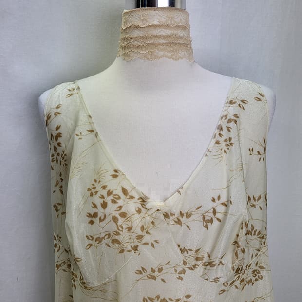 빈티지 아이보리 실키 리프패턴 슬립 원피스