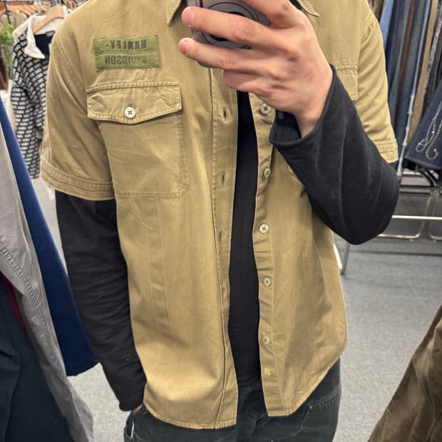 XL)할리데이비슨 빈티지 올리브 사파리 반팔셔츠