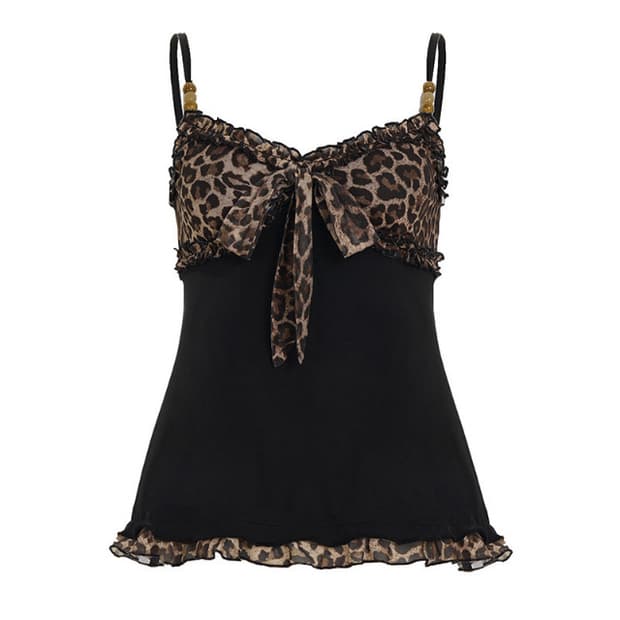 갸루 호피 프릴 캐미솔 슬리브리스 탑