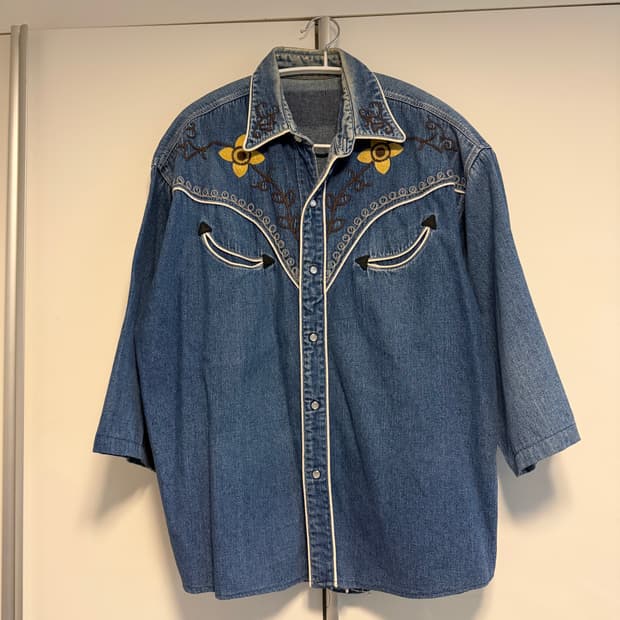 빈티지 체인 스티치 자수 데님 웨스턴 셔츠