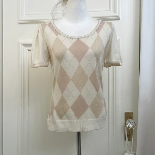 pink beige puff sleeve gold glitter knit