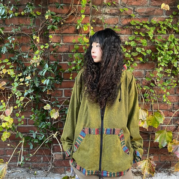 빈티지 카키 히피패턴 후드집업