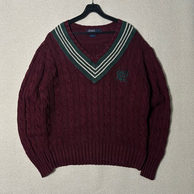 (M) 80s 폴로 랄프로렌 에스에치 버건디 크리켓 니트 