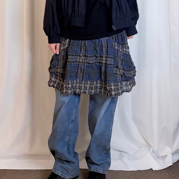Patchwork Pleated Mini Skirt - Blue