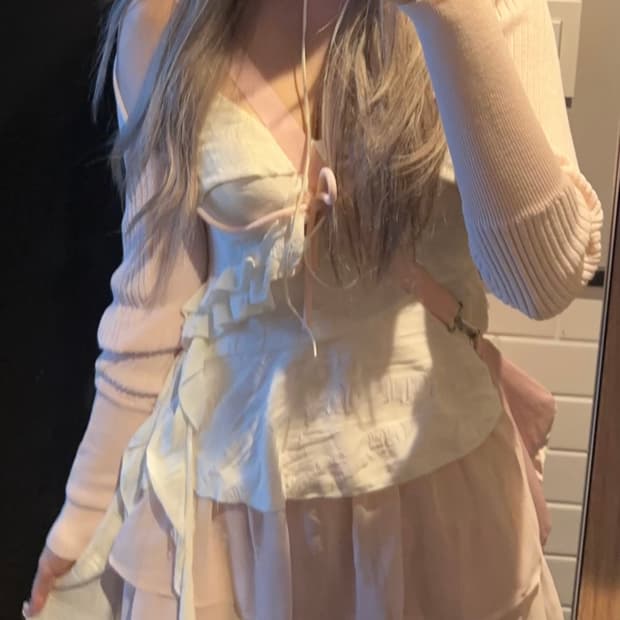 쓰리타임즈 릿볼레로 핑크 + 스완쉬폰 스커트 핑크 s 세트