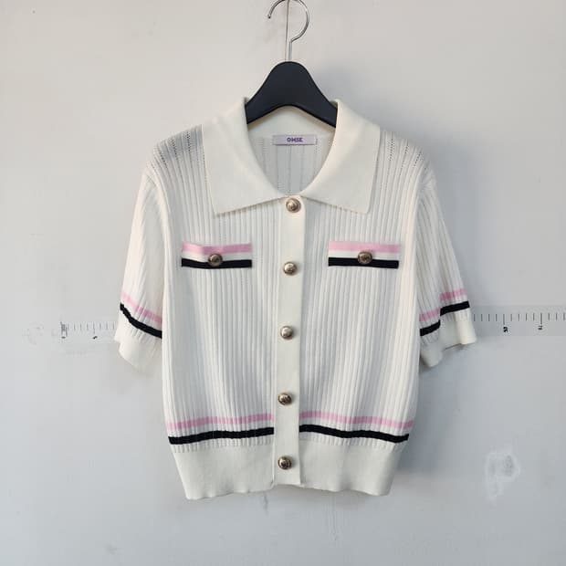 OMSK 화이트 카라 반팔 니트 가디건