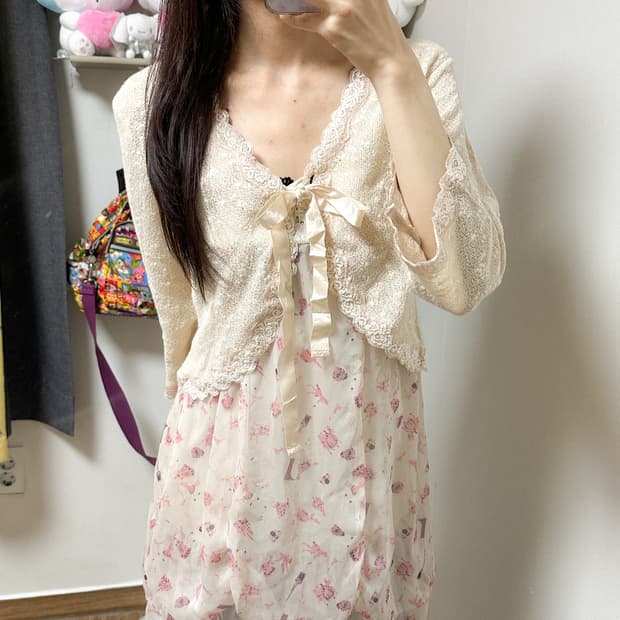 빈티지 리본 라떼 레이스 가디건 히메갸루 로걀 히메카지 헤이세이 발레코어