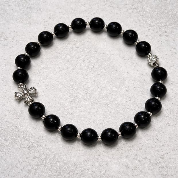 (핸드메이드) 천연석 오닉스 • 크롬 십자펜던트 원석팔찌