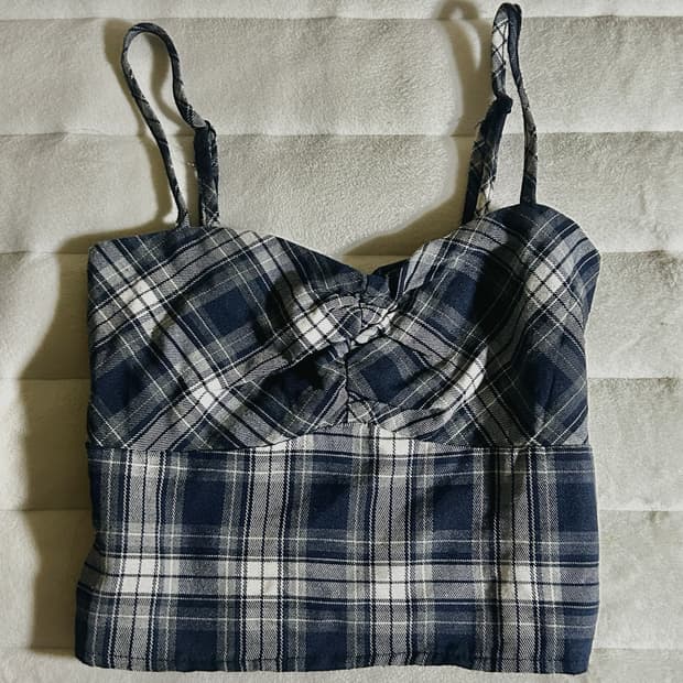 체크 남색 셔링 나시 