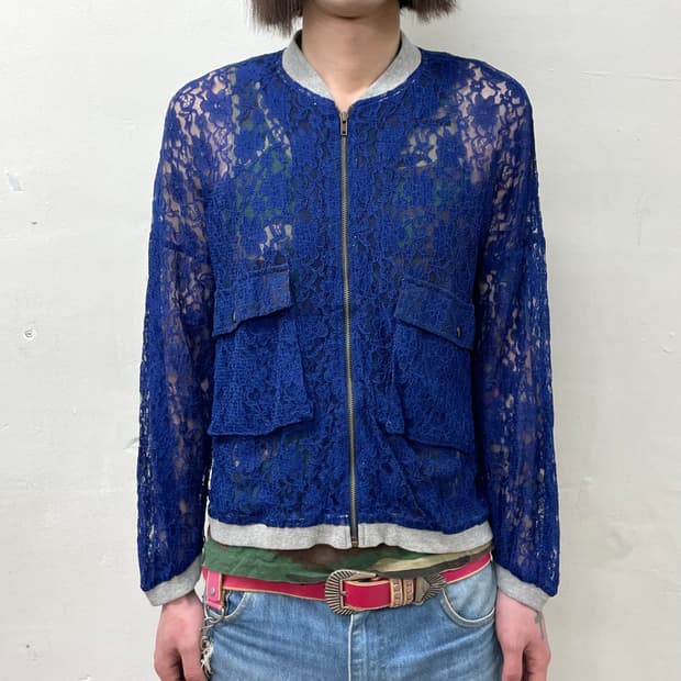 Navy Flower Mesh Big Pocket Zip-Up