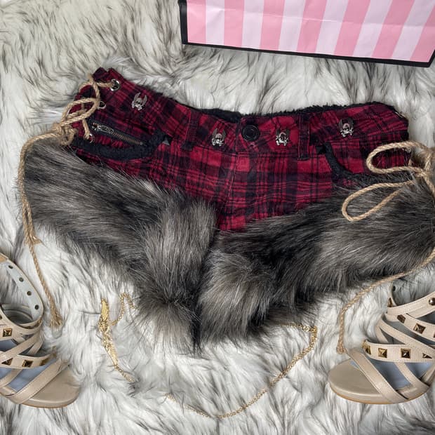 빈티지 Colza 레드 체크 커스텀 퍼팬츠 펑크