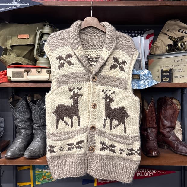 90s Vintage 루돌프 패턴 캐나다 헤비 울 코위찬 베스트 N104
