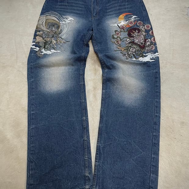 오리엔탈 풍신뇌신 자수데님와이드팬츠 (카라쿠리맛)