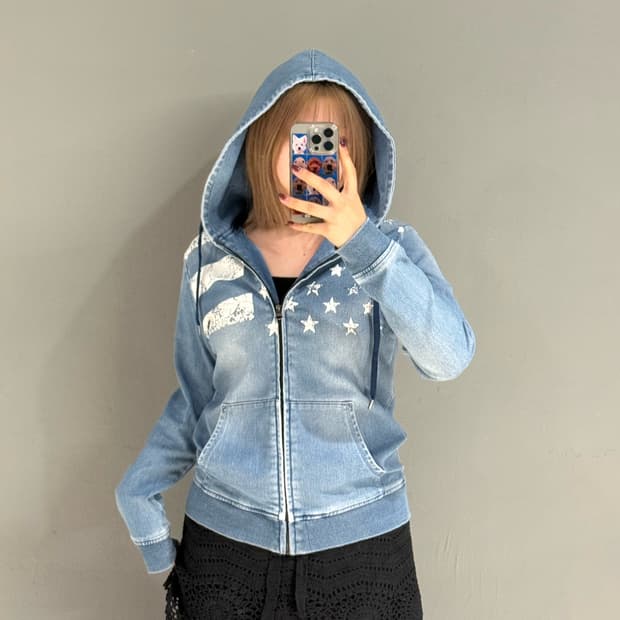 denim washing star pattern hood zip-up