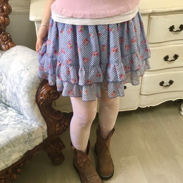 일본빈티지 블루체크 잔꽃 프릴 캉캉 스커트