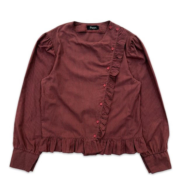 빈티지 레드 스트라이프 프릴 단추 셔츠 블라우스